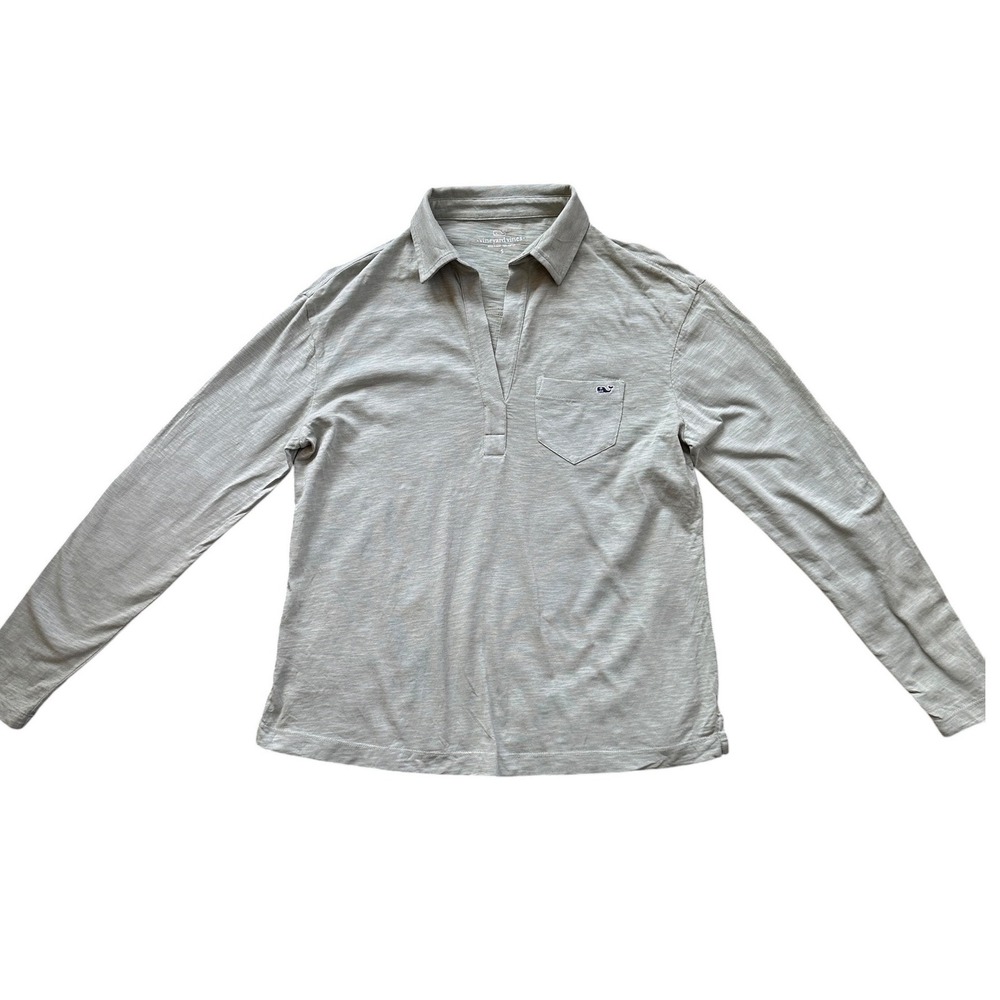 Vineyard Vines Long Sleeve Polo Mens S Grey/Green Slub Cotton Whale Logo